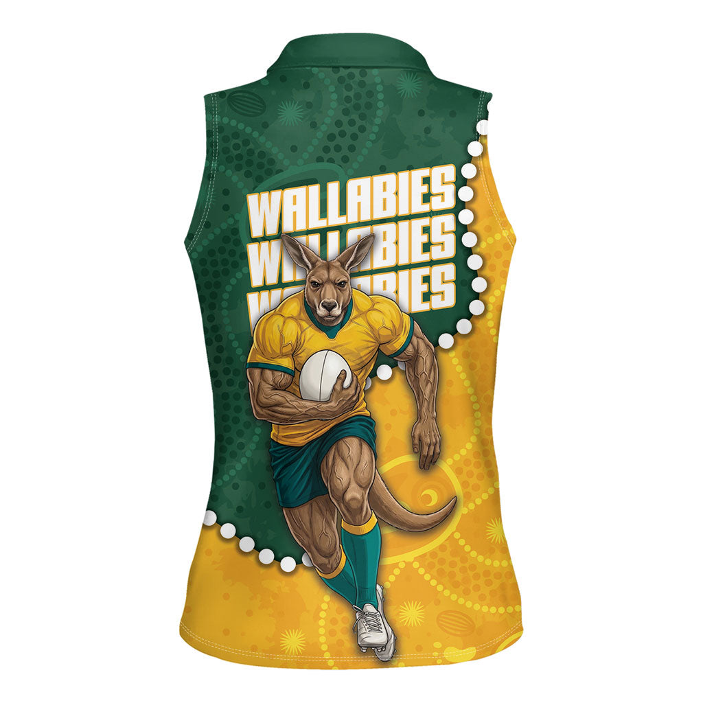 Australia Wallabies Rugby Mascot Women Sleeveless Polo Shirt Indigenous Dot Art Style - Muscular Kangaroo Graphic