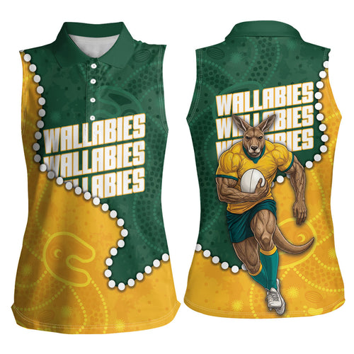 Australia Wallabies Rugby Mascot Women Sleeveless Polo Shirt Indigenous Dot Art Style - Muscular Kangaroo Graphic