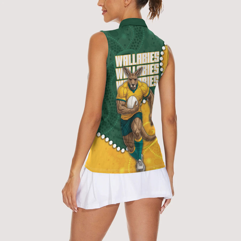 Australia Wallabies Rugby Mascot Women Sleeveless Polo Shirt Indigenous Dot Art Style - Muscular Kangaroo Graphic