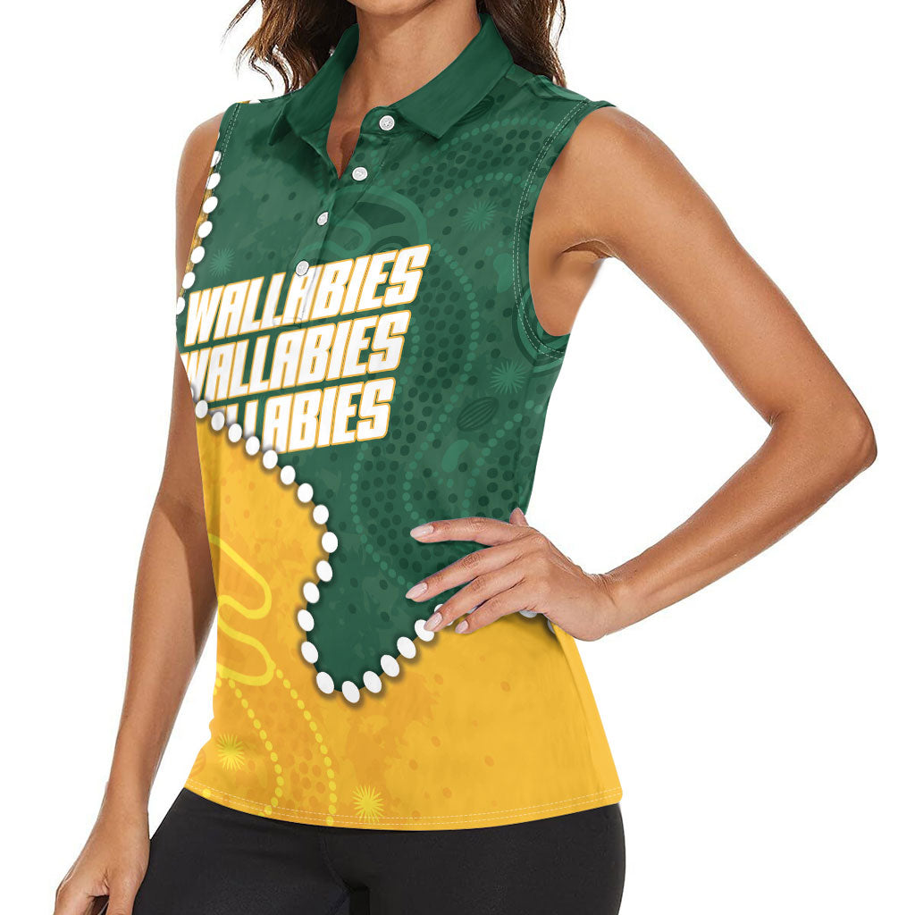 Australia Wallabies Rugby Mascot Women Sleeveless Polo Shirt Indigenous Dot Art Style - Muscular Kangaroo Graphic