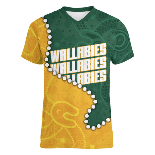 Australia Wallabies Rugby Mascot Women V-Neck T-Shirt Indigenous Dot Art Style - Muscular Kangaroo Graphic