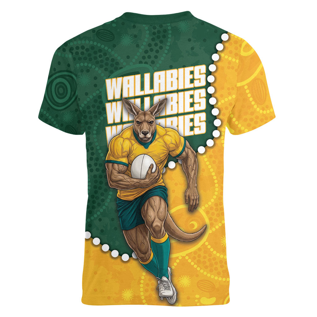 Australia Wallabies Rugby Mascot Women V-Neck T-Shirt Indigenous Dot Art Style - Muscular Kangaroo Graphic