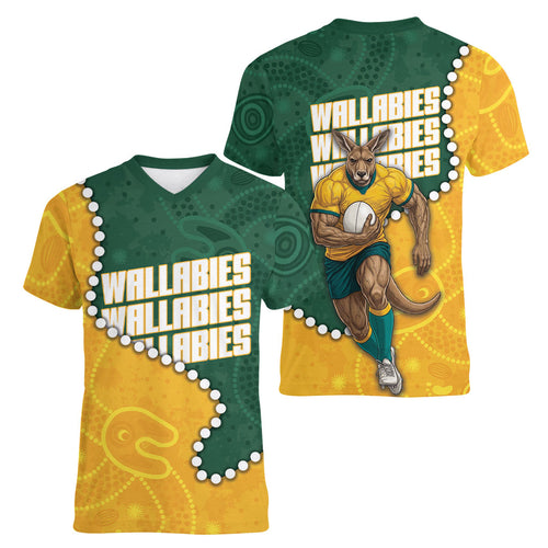 Australia Wallabies Rugby Mascot Women V-Neck T-Shirt Indigenous Dot Art Style - Muscular Kangaroo Graphic