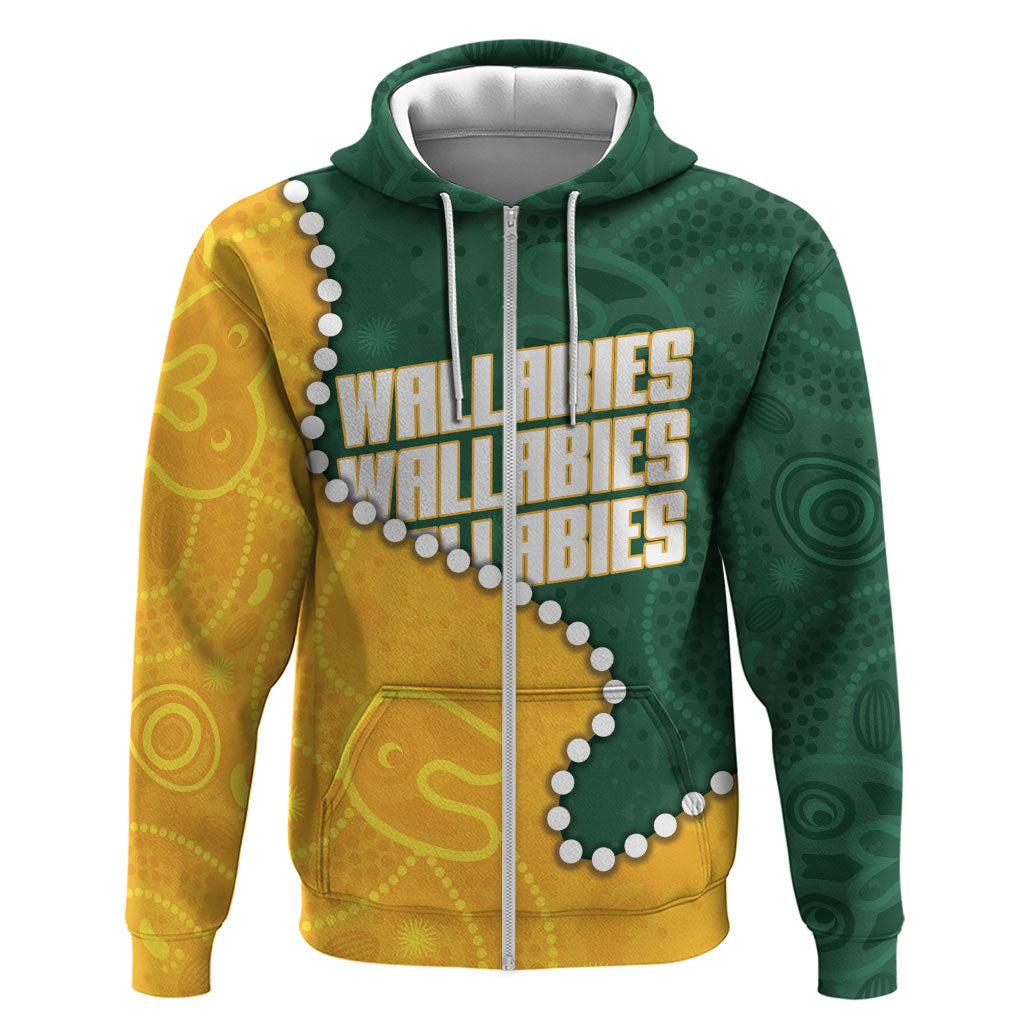 Australia Wallabies Rugby Mascot Zip Hoodie Indigenous Dot Art Style - Muscular Kangaroo Graphic