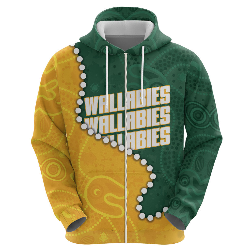 Australia Wallabies Rugby Mascot Zip Hoodie Indigenous Dot Art Style - Muscular Kangaroo Graphic