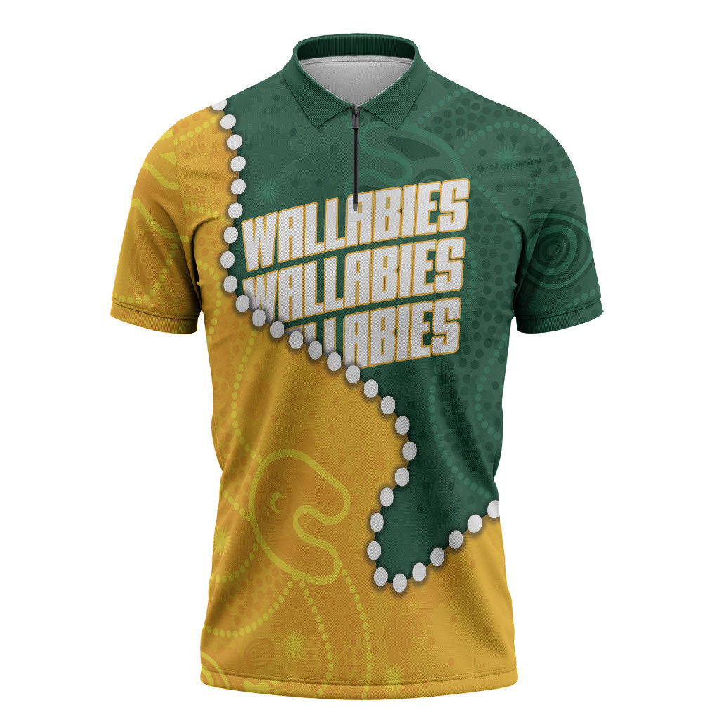 Australia Wallabies Rugby Mascot Zipper Polo Shirt Indigenous Dot Art Style - Muscular Kangaroo Graphic
