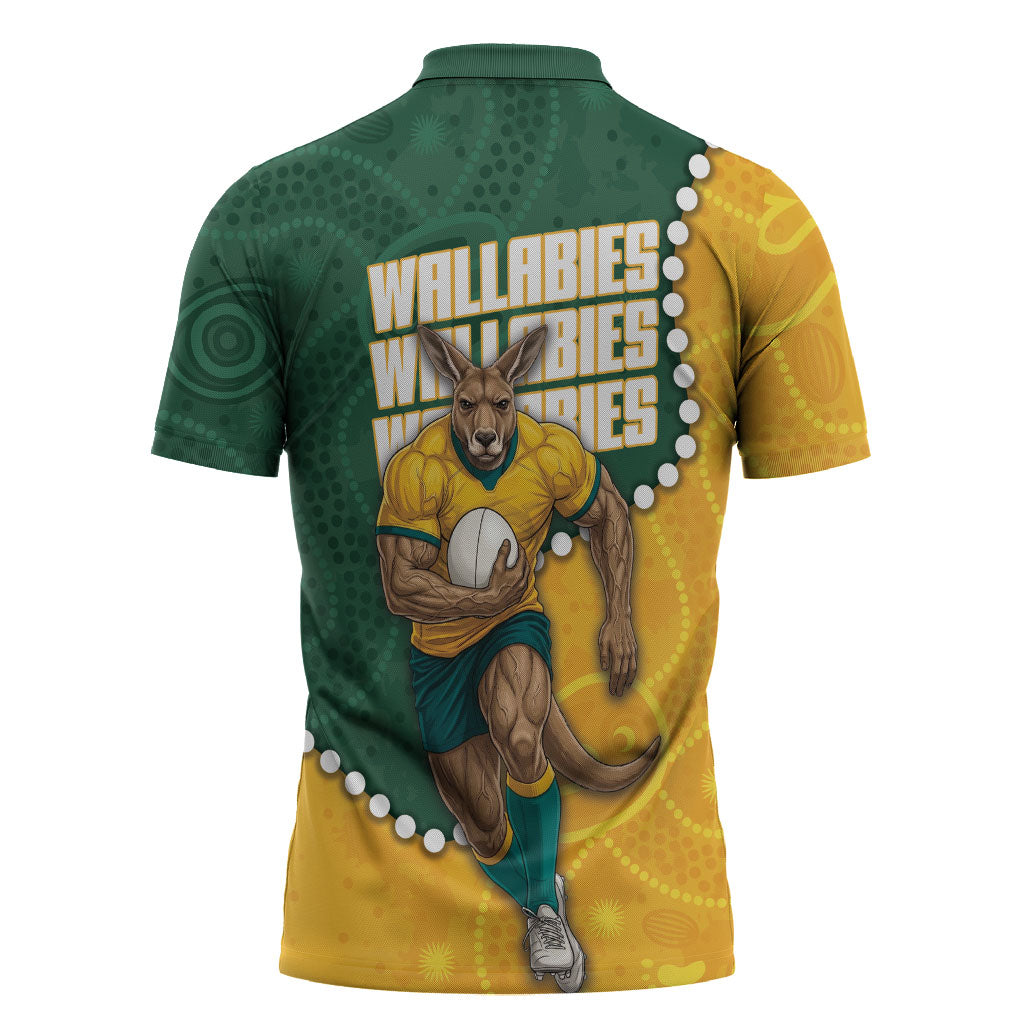 Australia Wallabies Rugby Mascot Zipper Polo Shirt Indigenous Dot Art Style - Muscular Kangaroo Graphic