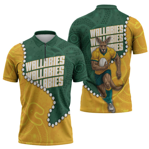 Australia Wallabies Rugby Mascot Zipper Polo Shirt Indigenous Dot Art Style - Muscular Kangaroo Graphic