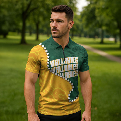 Australia Wallabies Rugby Mascot Zipper Polo Shirt Indigenous Dot Art Style - Muscular Kangaroo Graphic