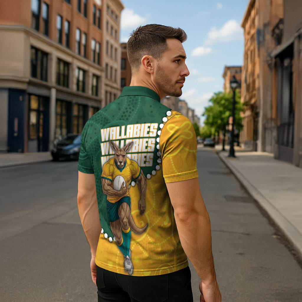 Australia Wallabies Rugby Mascot Zipper Polo Shirt Indigenous Dot Art Style - Muscular Kangaroo Graphic