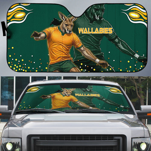 Australia Wallabies Auto Sun Shade Aboriginal Rugby Kangaroo Mascot - Gold And Green