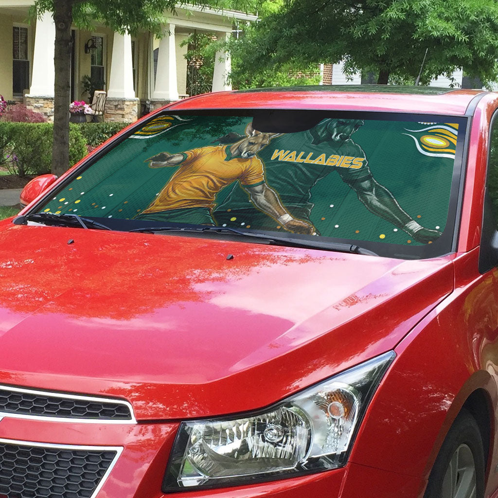 Australia Wallabies Auto Sun Shade Aboriginal Rugby Kangaroo Mascot - Gold And Green