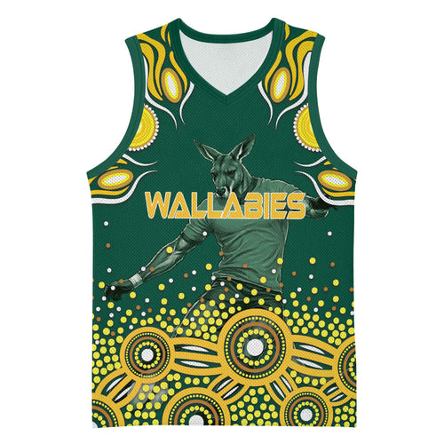 Australia Wallabies Basketball Jersey Aboriginal Rugby Kangaroo Mascot - Gold And Green