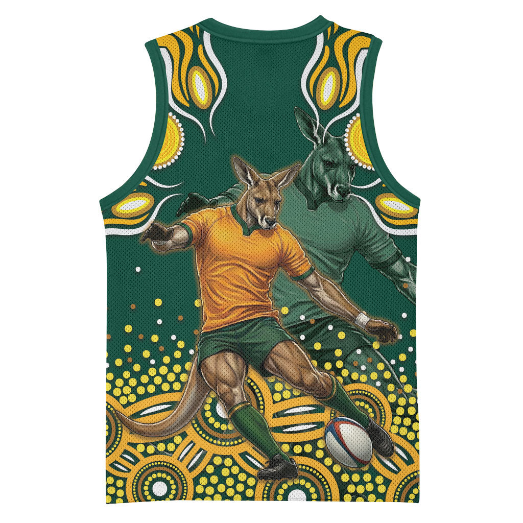 Australia Wallabies Basketball Jersey Aboriginal Rugby Kangaroo Mascot - Gold And Green