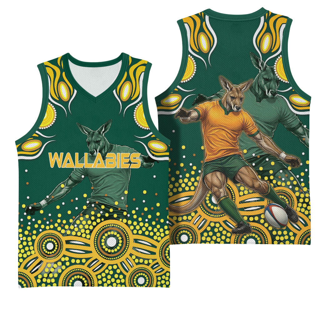 Australia Wallabies Basketball Jersey Aboriginal Rugby Kangaroo Mascot - Gold And Green