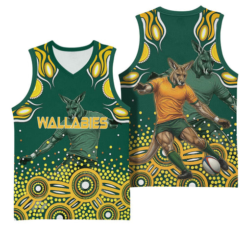 Australia Wallabies Basketball Jersey Aboriginal Rugby Kangaroo Mascot - Gold And Green