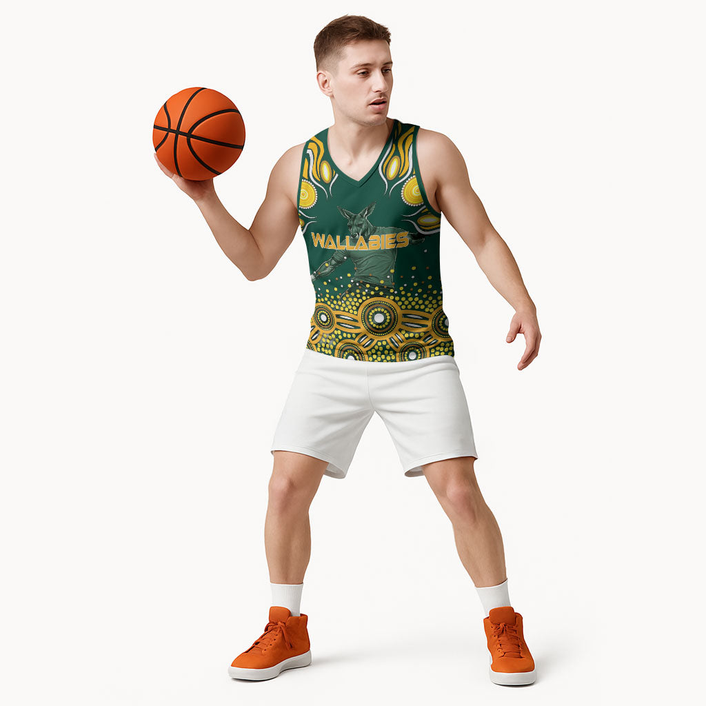 Australia Wallabies Basketball Jersey Aboriginal Rugby Kangaroo Mascot - Gold And Green