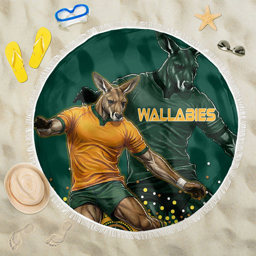 Australia Wallabies Beach Blanket Aboriginal Rugby Kangaroo Mascot - Gold And Green
