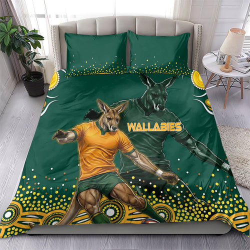 Australia Wallabies Bedding Set Aboriginal Rugby Kangaroo Mascot - Gold And Green