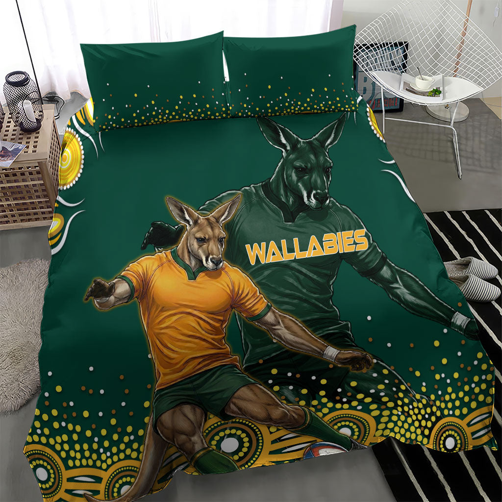 Australia Wallabies Bedding Set Aboriginal Rugby Kangaroo Mascot - Gold And Green