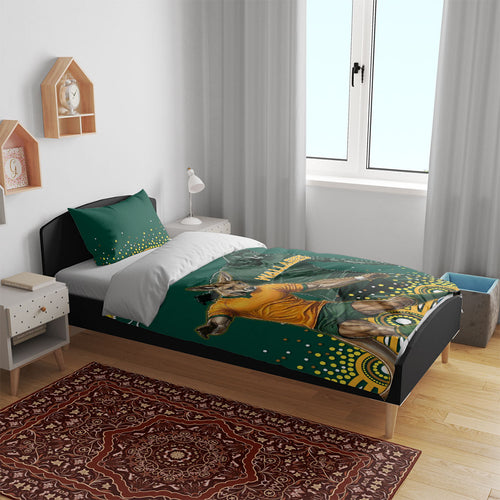 Australia Wallabies Bedding Set Aboriginal Rugby Kangaroo Mascot - Gold And Green