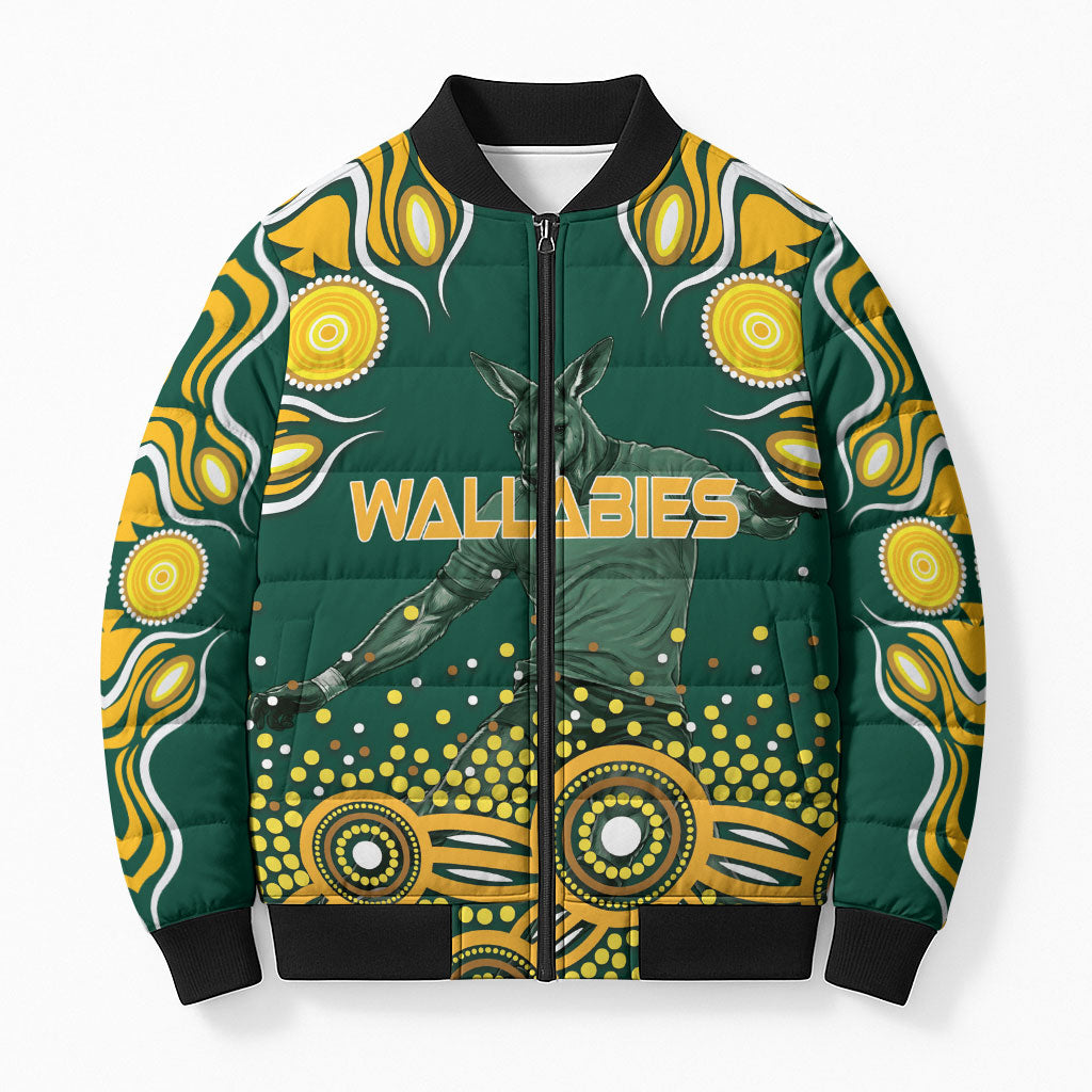 Australia Wallabies Bomber Puffer Jacket Aboriginal Rugby Kangaroo Mascot - Gold And Green