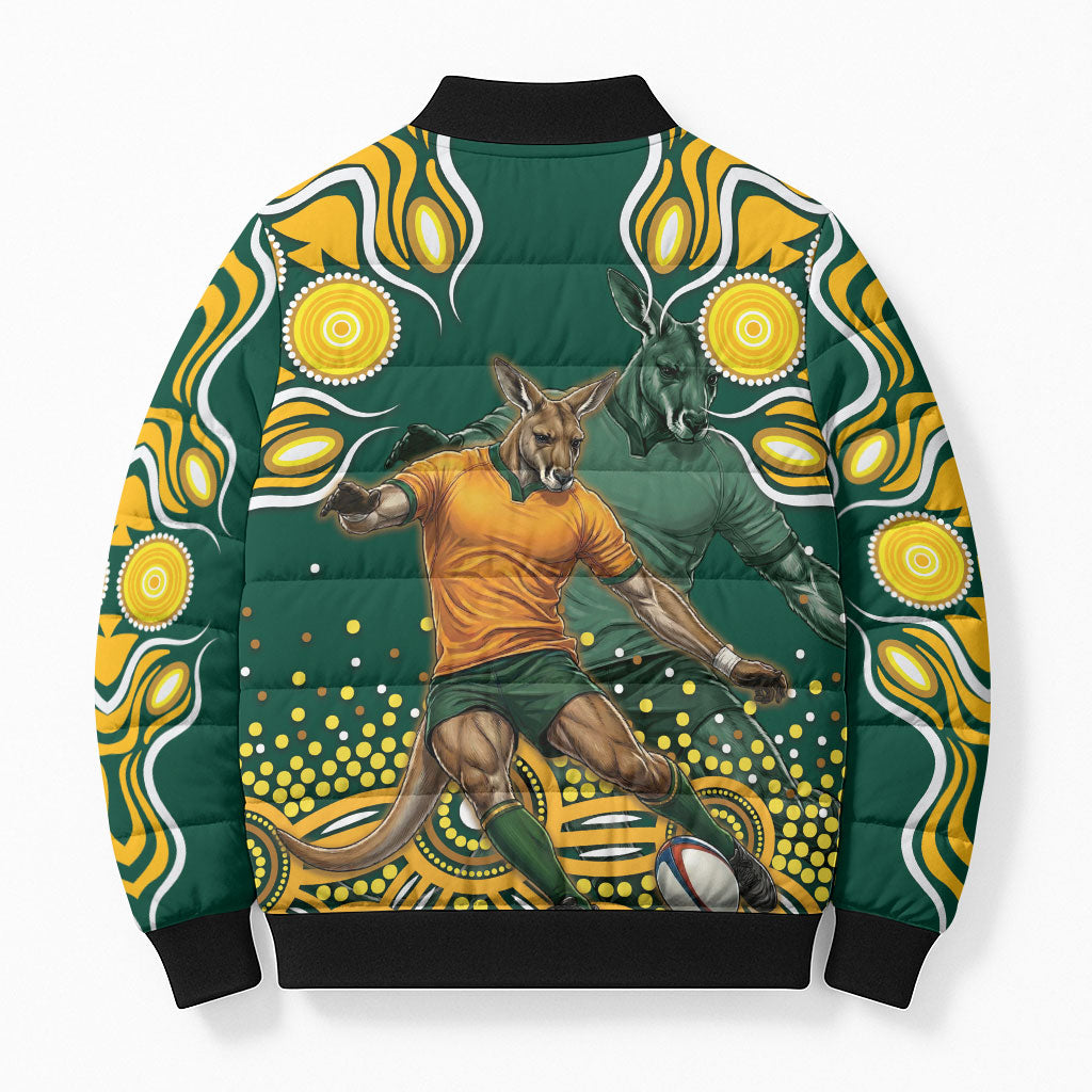 Australia Wallabies Bomber Puffer Jacket Aboriginal Rugby Kangaroo Mascot - Gold And Green