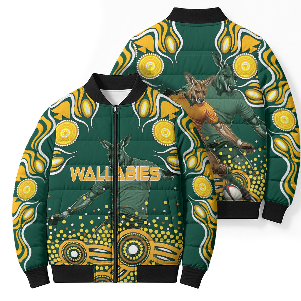 Australia Wallabies Bomber Puffer Jacket Aboriginal Rugby Kangaroo Mascot - Gold And Green