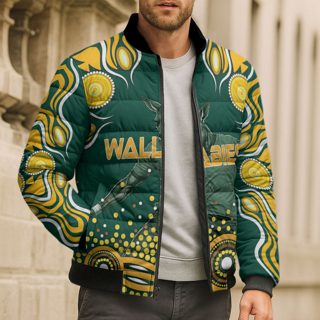 Australia Wallabies Bomber Puffer Jacket Aboriginal Rugby Kangaroo Mascot - Gold And Green