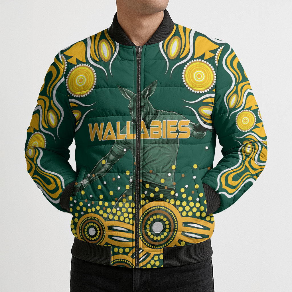 Australia Wallabies Bomber Puffer Jacket Aboriginal Rugby Kangaroo Mascot - Gold And Green
