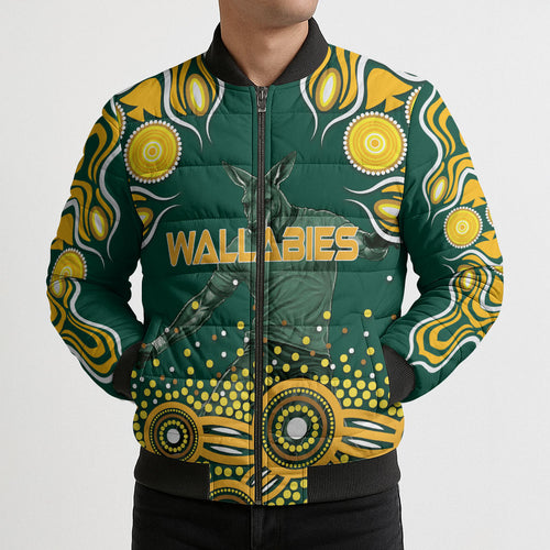 Australia Wallabies Bomber Puffer Jacket Aboriginal Rugby Kangaroo Mascot - Gold And Green