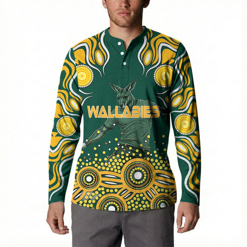 Australia Wallabies Button Sweatshirt Aboriginal Rugby Kangaroo Mascot - Gold And Green