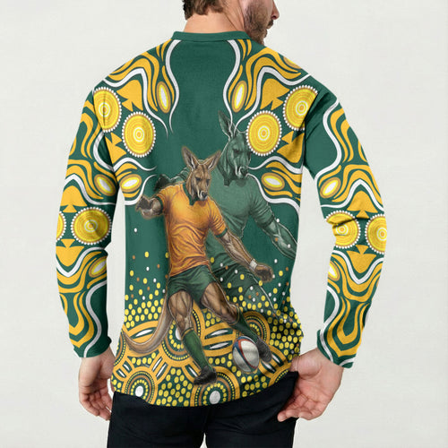 Australia Wallabies Button Sweatshirt Aboriginal Rugby Kangaroo Mascot - Gold And Green