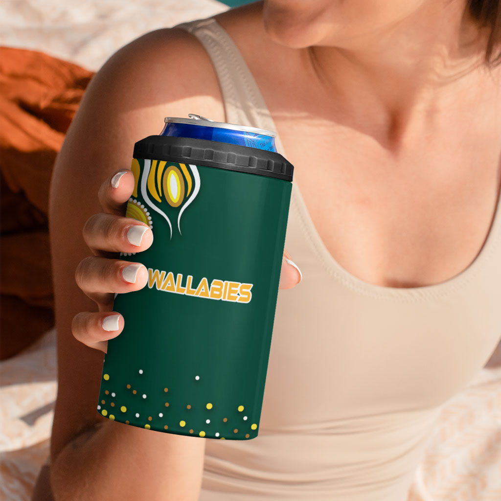 Australia Wallabies 4 in 1 Can Cooler Tumbler Aboriginal Rugby Kangaroo Mascot - Gold And Green