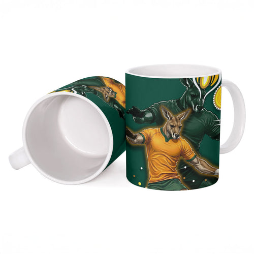 Australia Wallabies Ceramic Mug Aboriginal Rugby Kangaroo Mascot - Gold And Green