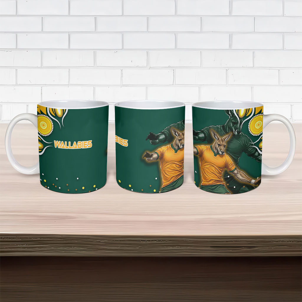 Australia Wallabies Ceramic Mug Aboriginal Rugby Kangaroo Mascot - Gold And Green