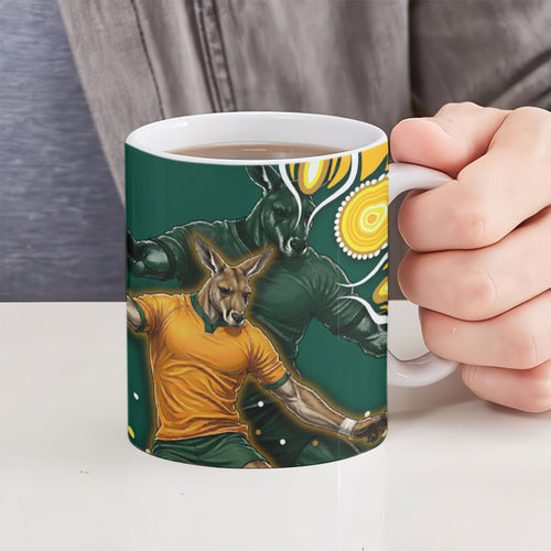Australia Wallabies Ceramic Mug Aboriginal Rugby Kangaroo Mascot - Gold And Green
