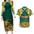 Australia Wallabies Couples Matching Long Sleeve Bodycon Dress and Hawaiian Shirt Aboriginal Rugby Kangaroo Mascot - Gold And Green