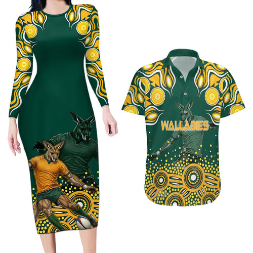 Australia Wallabies Couples Matching Long Sleeve Bodycon Dress and Hawaiian Shirt Aboriginal Rugby Kangaroo Mascot - Gold And Green
