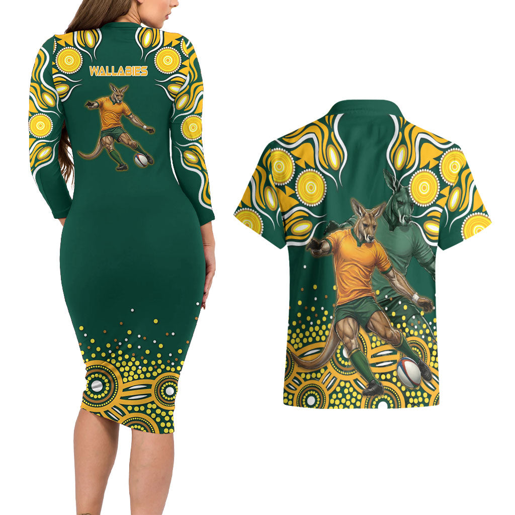 Australia Wallabies Couples Matching Long Sleeve Bodycon Dress and Hawaiian Shirt Aboriginal Rugby Kangaroo Mascot - Gold And Green