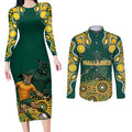Australia Wallabies Couples Matching Long Sleeve Bodycon Dress and Long Sleeve Button Shirt Aboriginal Rugby Kangaroo Mascot - Gold And Green