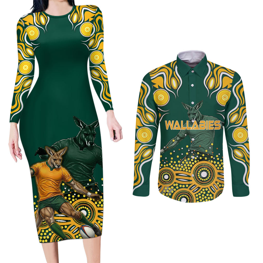Australia Wallabies Couples Matching Long Sleeve Bodycon Dress and Long Sleeve Button Shirt Aboriginal Rugby Kangaroo Mascot - Gold And Green