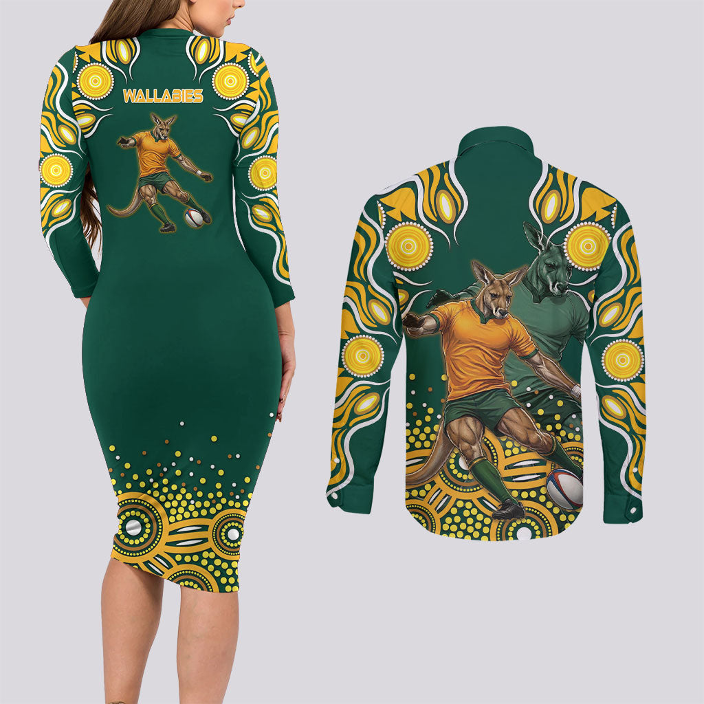 Australia Wallabies Couples Matching Long Sleeve Bodycon Dress and Long Sleeve Button Shirt Aboriginal Rugby Kangaroo Mascot - Gold And Green