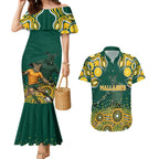 Australia Wallabies Couples Matching Mermaid Dress and Hawaiian Shirt Aboriginal Rugby Kangaroo Mascot - Gold And Green