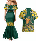 Australia Wallabies Couples Matching Mermaid Dress and Hawaiian Shirt Aboriginal Rugby Kangaroo Mascot - Gold And Green