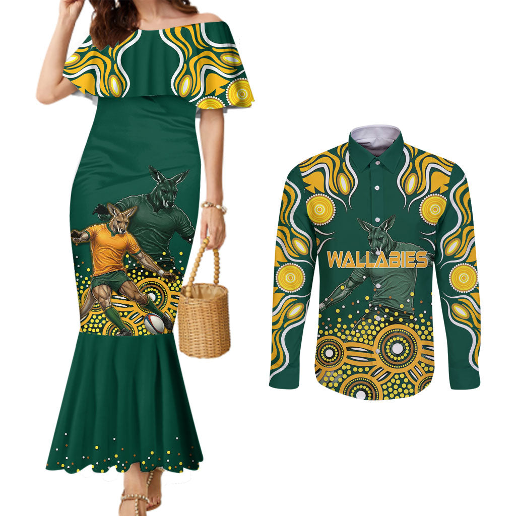 Australia Wallabies Couples Matching Mermaid Dress and Long Sleeve Button Shirt Aboriginal Rugby Kangaroo Mascot - Gold And Green