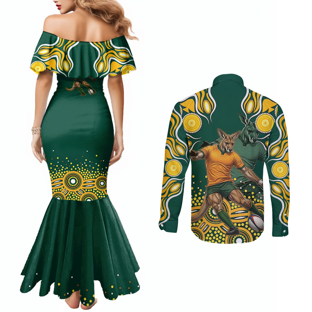 Australia Wallabies Couples Matching Mermaid Dress and Long Sleeve Button Shirt Aboriginal Rugby Kangaroo Mascot - Gold And Green