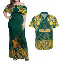 Australia Wallabies Couples Matching Off Shoulder Maxi Dress and Hawaiian Shirt Aboriginal Rugby Kangaroo Mascot - Gold And Green