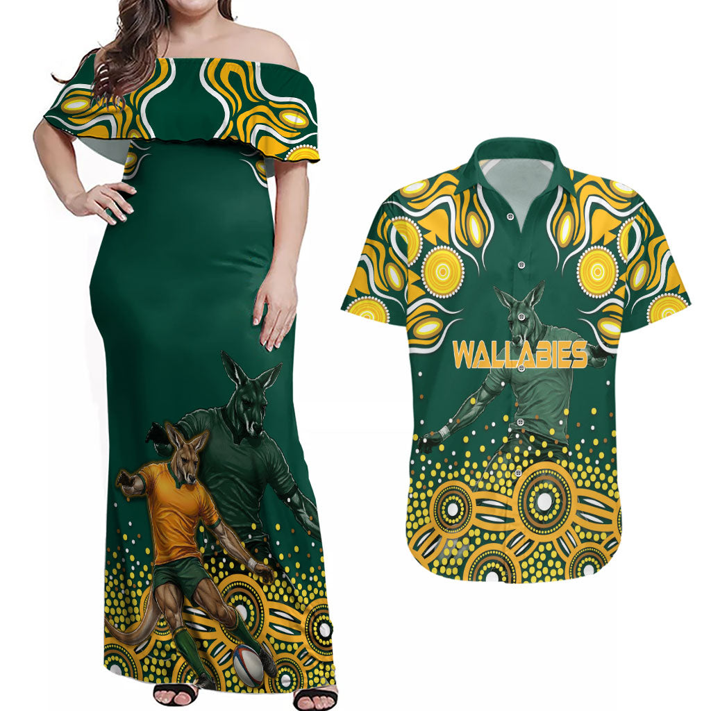 Australia Wallabies Couples Matching Off Shoulder Maxi Dress and Hawaiian Shirt Aboriginal Rugby Kangaroo Mascot - Gold And Green