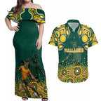 Australia Wallabies Couples Matching Off Shoulder Maxi Dress and Hawaiian Shirt Aboriginal Rugby Kangaroo Mascot - Gold And Green